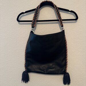Rebecca Minkoff Black Leather Hobo Bag with Tassels and Woven Strap